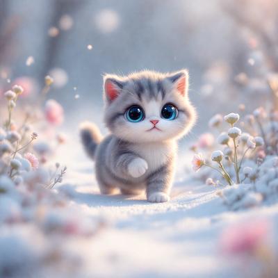 The primary subject of the image is a small, cute kitten walking through a snowy field. The setting is a snowy landscape with flowers scattered throughout the area. The visual style is a combination of photo and digital art, creating a whimsical and charming scene. The dominant colors are white and gray, with the snow and the kitten's fur, while the flowers add a pop of color to the scene. The overall atmosphere is warm and inviting, despite the cold weather.